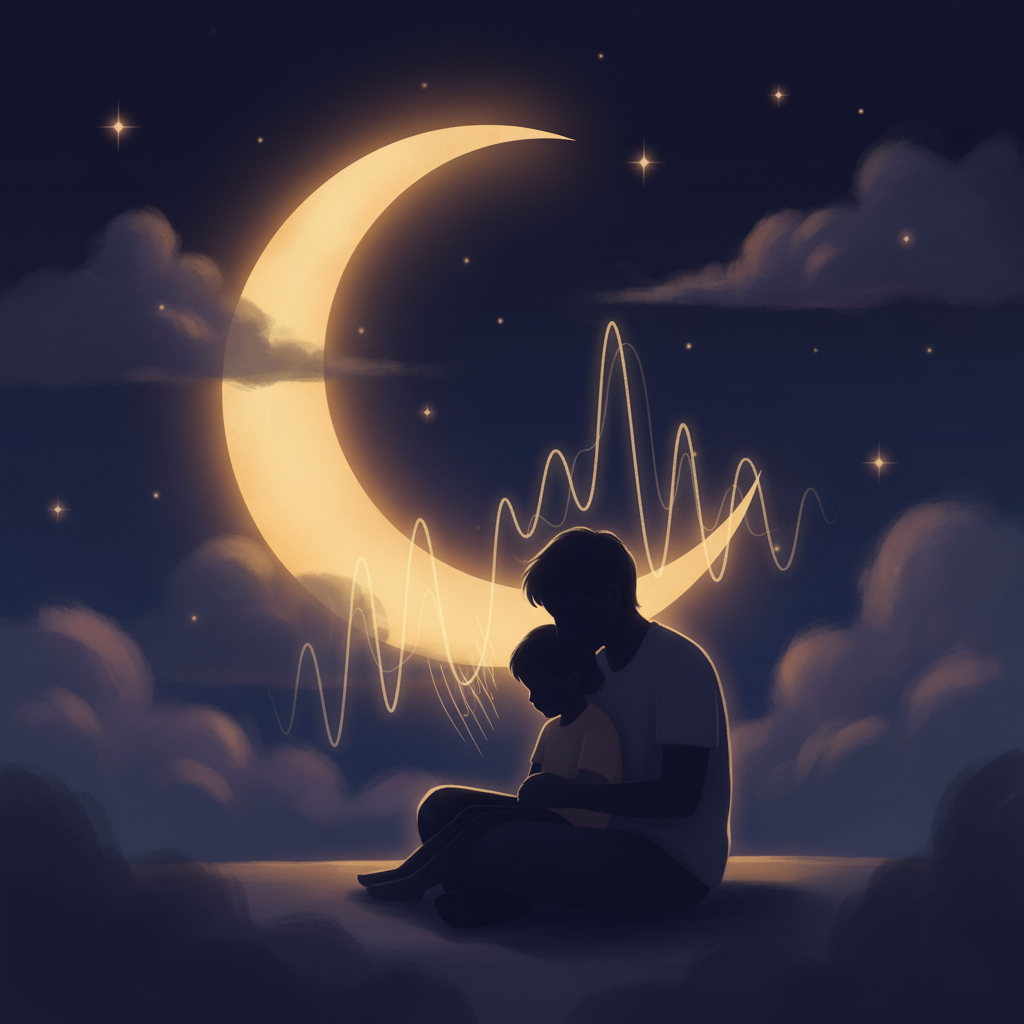 Parent and child silhouette in soft moonlight, listening together